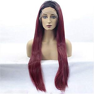 Perruques Avant Synth&eacute;tiques Cheveux Raides Chignons Racine Fonc&eacute;e Ombr&eacute; Cheveux Rouges Femmes Perruque De Cosplay Avant Cheveux Synth&eacute;tiques Longs, 20 Pouces (22 Pouces) (ydxdsp, neuf)