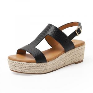 Spartiates Sandales Compensées Peep Toe Femme Paille Talon Compensé Confortable Romain Sandales Bout Ouvert Plage Taille 35-40 EU (35,Noir) (SWZEC-FR, neuf)