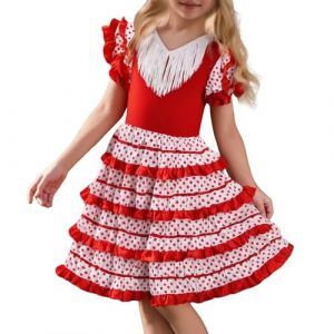 Robe Fille - Robe de Danse Espagnole Flamenco avec Jupe &agrave; Volants, Tenue de Spectacle pour Enfants avec Bretelles R&eacute;glables pour Ballet et Sc&egrave;ne, 2 &agrave; 11 Ans (G&eacute;n&eacute;rique Promos du Jour, neuf)