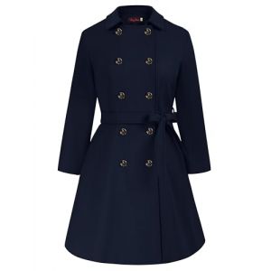 Hanna Nikole Manteau long femme grandes tailles manteau en laine double boutonnage avec poches ceinture manches longues trench mi-long bleu marine 52 (leisurelax-eu, neuf)