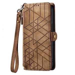 YKTO Housse &agrave; Rabat Portefeuille pour Nokia C32 Zipper Case Wallet &Eacute;tui de Protection Portefeuille Poche Cover Figure G&eacute;om&eacute;trique Housse Cuir Case pour Nokia C32 Brown (YKTO, neuf)