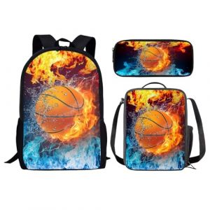 chaqlin Lot de 3 sacs d'école pour enfants avec sac à déjeuner, trousse à crayons, motif animal, dinosaure, loup, football, sacs à livres pour garçons et filles, Sport Fire Basketball, Taille unique, (chaqlin, neuf)