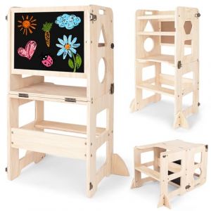 Woodure Tour d'apprentissage Montessori 4 en 1, Tour d Observation Enfant Pliable avec Tableau Noir, Tabouret de Cuisine en Bois pour Enfants, Cadeaux pour garçons et Filles de 1 à 3 Ans (Woodure, neuf)