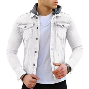 Onsoyours Veste en Jean Homme Blouson Jacket Homme Manches Longues/sans Manches Outwear Trucker Coupe Vent Printemps-Automne Casual Manteau avec Capuche B Blanc XL (Dear Shall Good Inc., neuf)