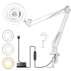 EHIOG Lampe de Bureau avec Loupe 10X et LED, 72 LED, 3 températures de couleur, 10 niveaux de luminosité, Lampe Bras Pivotant Réglable idéale pour manucure, lecture et bricolage-Blanc (junxiaoyi, neuf)