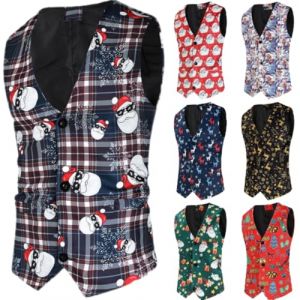 Gilet d'affaires pour homme - Gilet de No&euml;l - Gilet de No&euml;l - Coupe ajust&eacute;e - Gilet de costume - Gilet festif - Happy Santa - Gilet de No&euml;l - Gilet de No&euml;l f&ecirc;te - Gilet de mariage (001 Noir, L) (upperfeel, neuf)