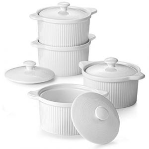 DOWAN Ramequins avec Couvercles Lot, 4 X 210 ml Ramequins et Moules à Soufflés en Porcelaine, Ramequin Creme Brulee pour Muffin & Gâteau, Ramequin Four à Pâtisserie, Glace, Sauce, Fruit, Ø10cm-Blanc (MUYI KITCHEN, neuf)
