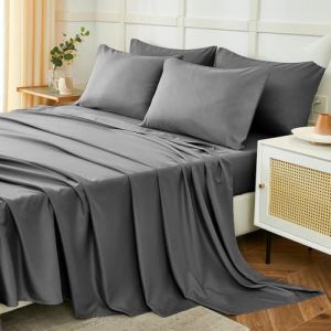 Parure De Lit 120x190/200cm 3 Pièces en Polyester, Draps de Lit 1 Personne, Drap Housse Ajustable 120x200 cm, Drap Plat 1 Personne 180x250 cm et 1 Taie d'oreiller 50x80, Gris foncé (Trame Italiane, neuf)