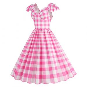 Robe Rockabilly Pin Up à Carreaux Audrey Hepburn 1950s - Deguisement Cocktail Vintage à Bretelles - Jupe Mi-Longue Trapeze Femme (ELECTRI, neuf)