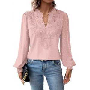 TUUHAW Tunique Femme Grande Taille Chemise Femme Chic et &Eacute;l&eacute;gant Manches Longues Boh&egrave;me Top Col en V D&eacute;contract&eacute; T-Shirts Automne Fluide &agrave; Point Suisse Dentelle Festonn&eacute;e Haut Rose P&acirc;le XXL (TROFANO, neuf)