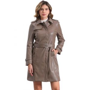 Allegra K Manteaux mi-Longue Femme Trench en Simili Cuir avec Ceinture Veste Faux Cuir Coupe Cintr&eacute;e Col &agrave; Revers et Manches Longues Blouson PU de Motard Marron S (Allegra K FASHION, neuf)