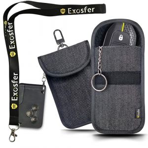 EXOSFER &ndash; Antivol Voiture : Pack 2 Etuis Anti RFID, Tissu Jeans (1 Small + 1 Medium) + 1 Tour de Cou | Protection Cl&eacute; Mains Libres, Badge T&eacute;l&eacute;p&eacute;age | Pochette Anti Piratage Blocage RFID. (EXOSFER, neuf)