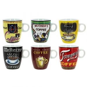 NOVASTYL - Lot 6 tasses à café old school 20cl porcelaine decors assortis - 2414079 (Groupe Lebrun, neuf)