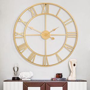 Chiffres Romains Modernes Grandes horloges murales Horloge Murale silencieuse en métal Rond sans tic-tac pour Salon, Cuisine, Chambres, horloges murales Vintage de Jardin, décor Or 80CM (Jia Mi Home INC. FR, neuf)