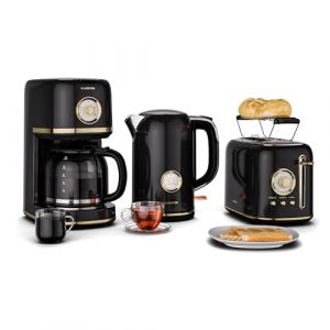 Klarstein Victoria Set Petit-D&eacute;jeuner Complet &ndash; Grille-Pain 2 Fentes 7 Niveaux, Bouilloire &Eacute;lectrique 1,7L, Cafeti&egrave;re Filtre 12 Tasses, Design R&eacute;tro, Support &agrave; Petits Pains, Noir (Klarstein France, neuf)