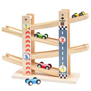 Rampe de Course en Bois,Toboggan de Voiture Zig Zag avec 4 Voitures, Circuit Voiture Enfant, Cadeau Jouet Rampe de Voiture pour Enfant 1 2 3 Ans (suncitykids, neuf)