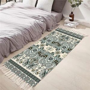 Tomifine Tapis en Coton Tissé, Tapis Bohème avec Frange, Tapis Tissé pour Salon Chambre, Home Tapis Géométriques Design Moderne Lavable Antiderapant (60x90 cm,Vert) (NDSMGS, neuf)