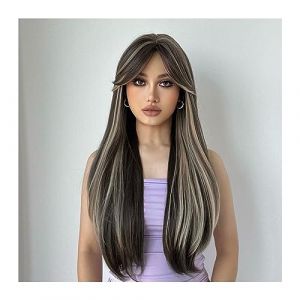 Perruque 26 pouces Synthétique Longue Ligne Droite Mixte Brun Clair et Blanc Couleur Perruques for Femmes Perruque Daily Party Cosplay Résistant À La Chaleur Naturel Perruques Cheveux (huangliangyichang, neuf)