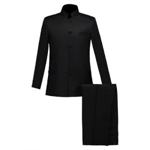 Costume Tunique Chinoise 2 Pièces pour Hommes Ensemble Blazer à Col Mandarin Ensemble Pantalon Veste Boutonnée Robe de Marié Traditionnelle Uniforme (Noir 1,L) (Huabaohua[7-12 Deliverly], neuf)