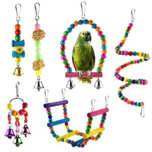 6Pièces Coloré Jouets pour Oiseaux,Jouet Perroquet,à Oiseaux Jouets à mâcher avec Hamac Swing Cloche Chaîne Perchés pour Oiseaux,Postuler à pour Birdie, Perroquet, Pinsons, Perruches (Loopunk-FR, neuf)