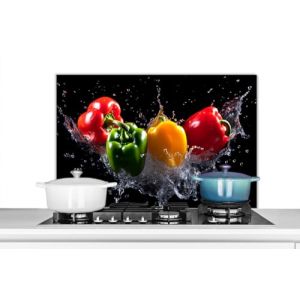 KitchenYeah© Fond de Hotte 80x55 cm Aluminium Crédence Cuisine Décoration Murale Crédence Plaque de Cuisson Anti Projection Piment Doux - Eau - Légumes - Noir (KitchenYeah, neuf)