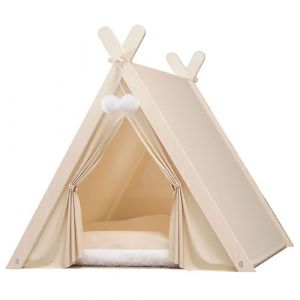 Tente tipi portable pour animal domestique avec tapis épais, facile à assembler, niche d'intérieur lavable pour petits chiens et chats Couleur beige (FengQiShangdian, neuf)