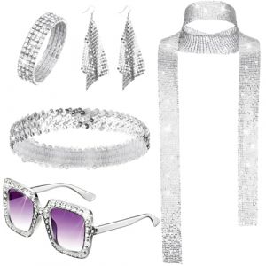 YUVKIN Ensemble de 6 pi&egrave;ces Tenue Disco Femme Accessoires Ann&eacute;es 80 Costume Abba Femme V&ecirc;tements Ann&eacute;es 70 Bandeau Hippie Lunettes de Soleil pour Halloween Carnaval (ann&eacute;es 1980, 1970, 1960) (HerEdit, neuf)