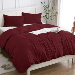 Housse de Couette 100% Coton 1 Personne 140x200 (1 Taies Oreiller 50x80), Parure Lit de Qualit&eacute; Sup&eacute;rieure en Coton 150GSM,Doux, Respirant, Hypoallerg&eacute;nique - Bordeaux (Trame Italiane, neuf)