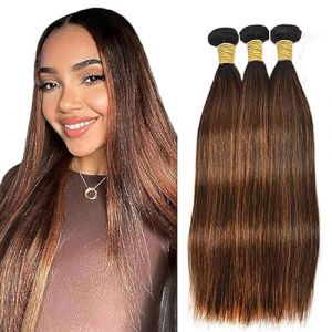 Hxxcoup 3 Bundles Tissage bresilien en lot Tissage Cheveux Humain Hair Extensions Brown Hair Bundles Straight Bundles Brazilian Remy Hair No Tangle Hair Real Hair Bundles for Woman 22 24 26 Pouce (KST HAIR, neuf)