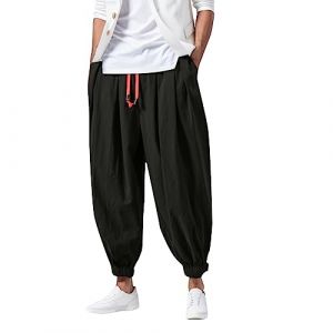 Pantalon baggy pour homme en lin - Pantalon de loisirs - Pantalon ample - Pantalon sarouel - Pantalon bouffant avec cordon de serrage - L&eacute;ger - Respirant - Pantalon de vacances - Style japonais (⭐⭐⭐⭐⭐Tiantian1, neuf)