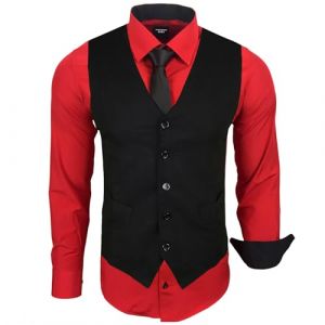 Subliminal Mode - Gilet + Chemise + Cravate Homme Col Bicolore Uni Manches Longues Coupe Ajust&eacute; Business Repassage Facile RN33 Noir et Rouge S (Subliminal Mode, neuf)