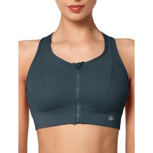 Yvette Soutien Gorge de Sport Femme Zipper Avant Dos Nageur Maintien Fort Brassi&egrave;re Fitness sans Armature pour Gros Seins Course Jogging,Gris,XL (Yvette Sports, neuf)