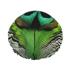 Bonnet de douche avec imprim&eacute; plumes de paon vert pour femme, bonnet de bain r&eacute;utilisable, bonnet de douche respirant, bonnet de douche r&eacute;glable (PANGYJ2024, neuf)