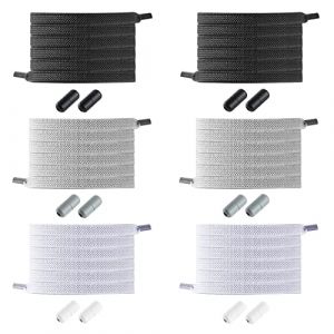 6 Paires Lacets Elastique, Lacets Chaussures avec Fermeture en M&eacute;tal, Lacet Elastique Enfant et Adulte, Plat &Eacute;lastiques Lacets Sans Noeuds Adapt&eacute;s aux Chaussures de Sport Course - Noir+blanc+gris (TOROS SIA, neuf)