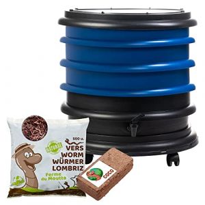 WORMbox | Lombricomposteur 3 Plateaux Bleu + 250gr de vers de Compost + 1 Bloc Coco | 48 litres | Compostez Vos déchets organiques, Les vers de Terre/lombrics produisent du lombricompost (Ferme du Moutta, neuf)