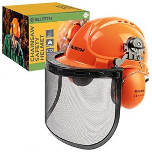 BLOSTM Casque de Sécurité pour Tronçonneuse - 3 en 1 Casque Debroussailleuse Orange avec Visière en Maille d'acier et Cache-Oreilles de Protection Auditive, Casque Rigide Résistant aux Chocs (JOVELA FR, neuf)