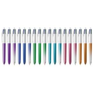 BIC 1 Stylo Bille Rechargeable 4 Couleurs Shine - Noir, Rouge, Vert, Bleu - Pointe moyenne - Mod&egrave;les Al&eacute;atoires - Vendu &agrave; l'Unit&eacute; (Papeterie Libellus, neuf)