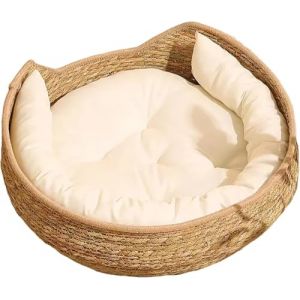 Panier Chat, Panier Rond pour Chat en Rotin, Fabriqu&eacute; &Agrave; La Main, avec Coussin en Coton, pour Toutes Les Saisons, pour Int&eacute;rieur Ext&eacute;rieur Lit Chat Chiens Chambre Maison Salon (Shuqam, neuf)