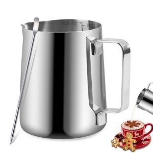 TechKen Pot à Lait en Acier Inoxydable Barista 350ml/600ml/900ml(12oz/20oz/32oz) Pichet à Lait Pot pour en Acier Inoxydable Le Café la Mousse de Lait Cappuccino et Latte (Argent 12oz/350ml) (FSEU, neuf)