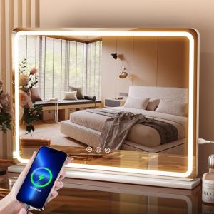 Aovquof Miroir Hollywood Maquillage Lumineux, 80x55cm, Grand Miroir LED Coiffeuse avec LED, 3 Modes d'éclairage, avec USB et loupe 10x Amovible, Miroir Mural, Miroir de Table - Blanc (meilinks, neuf)