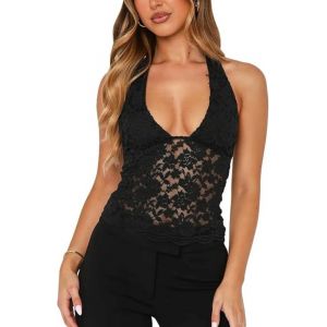 Sukiglam D&eacute;bardeur Femme Ete Crop Top Chic Et &Eacute;l&eacute;gant Haut Dentelle Sexy sans Manches Haut &agrave; col Halter Y2k Camisole Doux Slim Fit Caraco Tops Dos Nu Chemisier Court en Dentelle Transparente (Sukiglam Store, neuf)