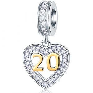 Charms anniversaire de 20th pour bracelet femme pandora, pendentif num&eacute;ro 20 en or 18 carats, perles collier/pendentif birthday 20 ans en argent sterling avec pierres de naissance, pour couple/mariee (Xusheng Jewelry, neuf)