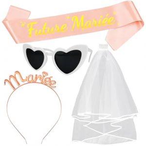 Annhao 4 Pièces Accessoire EVJF Écharpe Future Mariée Voile Blanc Couronne Serre-tête Mariée Or Rose Lunette Coeur Kit Enterrement de Vie de Jeune Fille pour Fête EVJF Déguisement Mariages Fiançailles (Tappe-UK, neuf)
