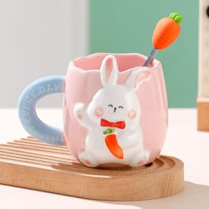 Tasse de Pâques - Tasse lapin avec cuillère à carotte - Cadeau de Pâques - Tasse mignonne - Tasse en céramique de Pâques - Tasse en céramique 3D - Motif lapin - Café - Thé - Lait - Pour Pâques et (BOJIEDIANZI, neuf)
