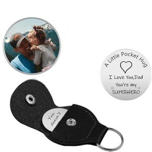 Jeton de poche personnalisé en cuir avec image - Porte-clés photo personnalisé pour papa, homme et femme - Jeton de poche personnalisé pour relation longue distance, Round-black, 1.85x1.96 in (4.7x5 (hcundan, neuf)