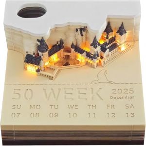 Bloc-notes 3D, calendrier 3D, à déchirer, calendrier 2025, calendrier de table, avec lumière, sculpture en papier, ornement de bureau (château avec lumière) (meizhilai, neuf)
