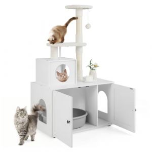 COSTWAY Arbre a Chat Litiere Intégrée, Tour pour Chat avec Cache-Litiere, 2 Plateformes,Grand Condo, Pompon, Poteaux à Griffer en Sisal, Meuble Litiere Chat en Bois(Blanc) (FDS GmbH, neuf)
