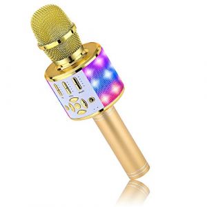 BONAOK Microphone Bluetooth sans Fil, Micro Enfants avec Lumi&egrave;res LED, Mini Machine Karaok&eacute; pour F&ecirc;te/Maison/Anniversaire, Compatible avec Bluetooth iOS Android (Or) (DGMY Direct, neuf)