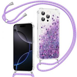 Xiltlly Coque pour iPhone 16 Pro avec Cordon, Paillette Liquide Transparent Crystal Glitter Housse, Protection Antichoc Silicone Souple TPU Bumper Case, Réglable Collier pour iPhone 16Pro, Violet (WANGZHICHENGEU, neuf)