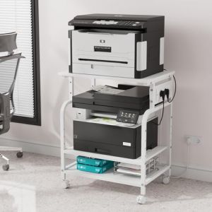 OYRREU Table d'Imprimante 3 Niveaux avec Prise USB et roulettes | Support pour Imprimante 3D, Laser et Presse à Chaud | Meuble Bureau avec Étages Réglables pour Maison et Bureau (Blanc) (EN-HOME, neuf)